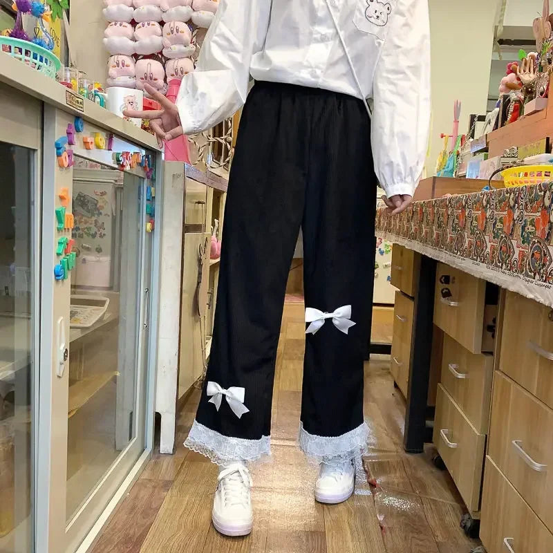 Women's Pink Japanese Sweet Lolita High-Waist Corduroy Pants | Kawaii Y2K Style with Bow & Lace Detail