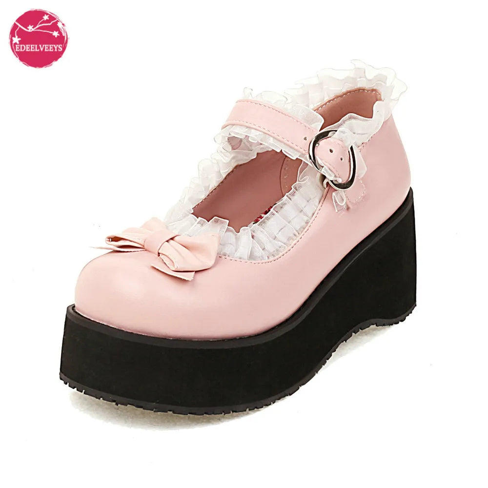 Cosplay Shoes Sweet Lolita Ruffles Bowknot Lace Bridal Wedding Girls Wedges Heel