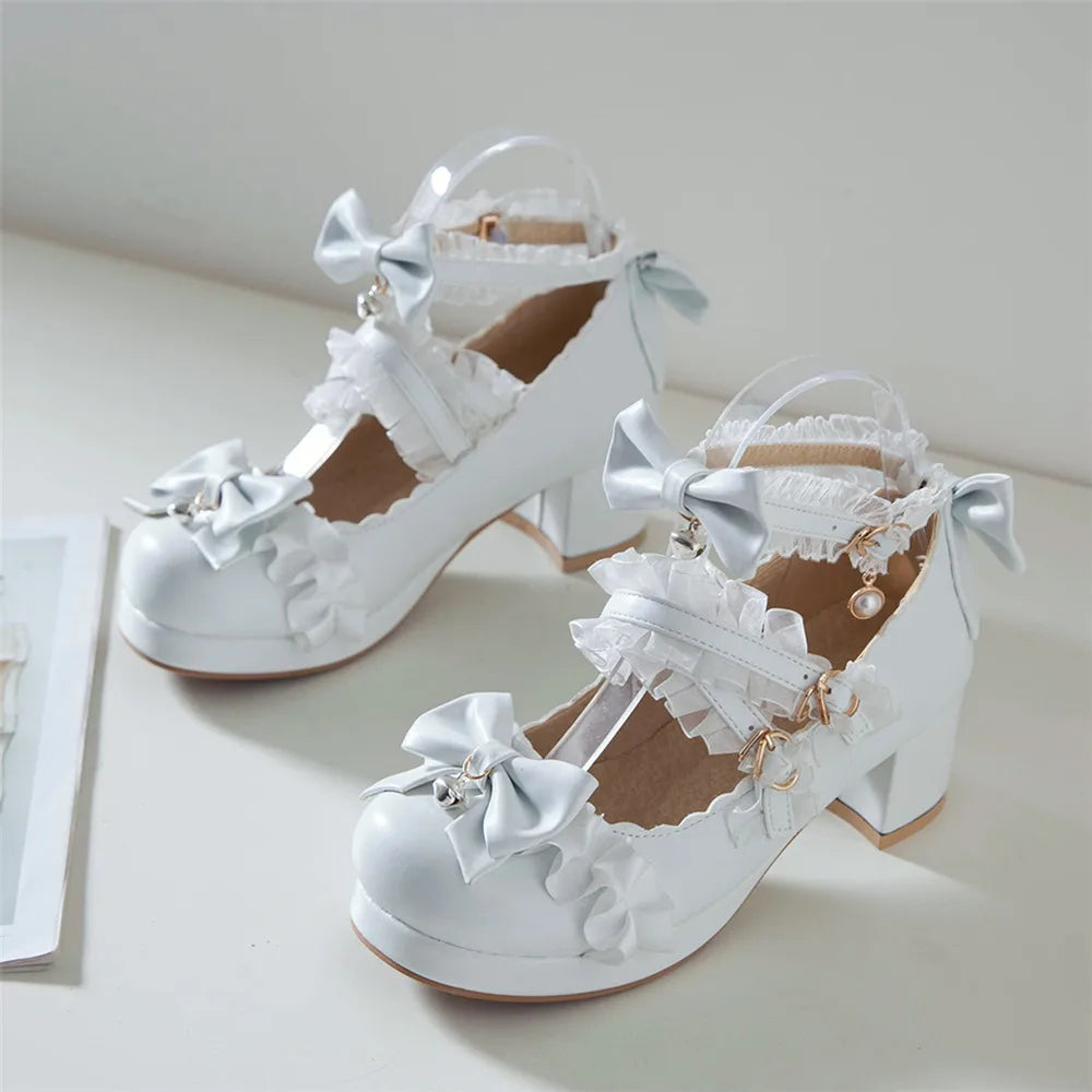 2024 Women's Cross-Strap Mary Jane High-Heel Pumps | Princess Lolita Cosplay Shoes with Ruffles & Bow Accents