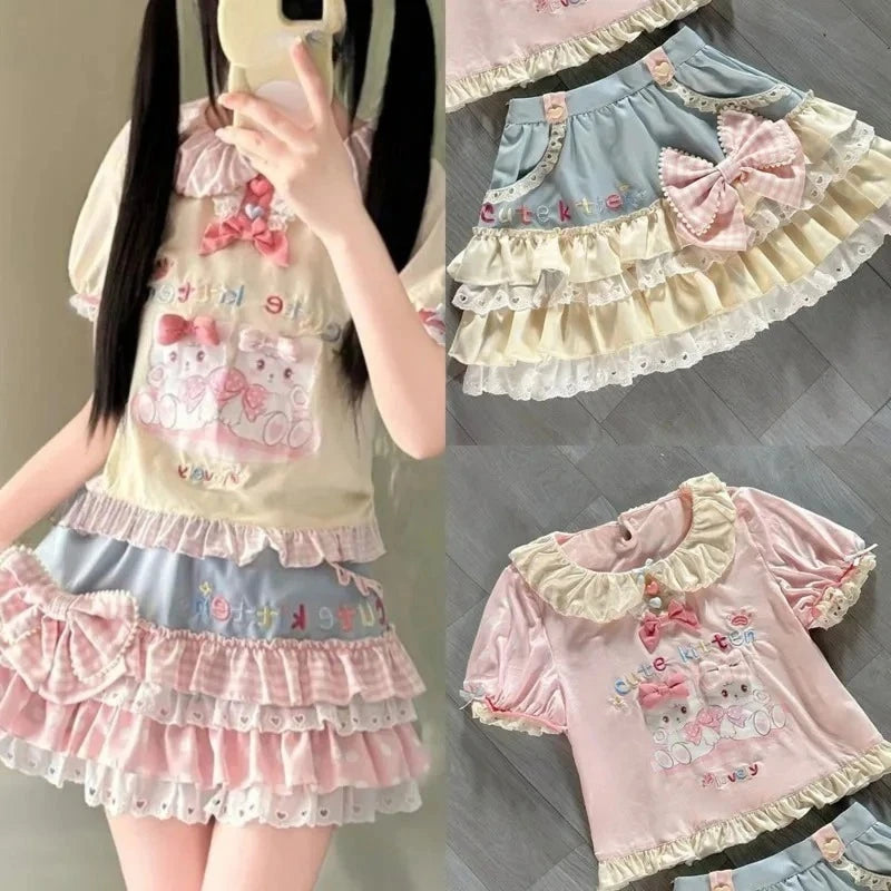 Blue Pink Harajuku Ruffle Skirt | Kawaii A-Line Mini Skirt