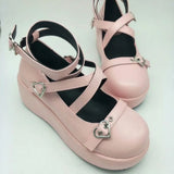 Sweet Heart Buckle Wedges Mary Janes Women Pink T-Strap Chunky Platform Lolita Shoes Woman Punk Gothic Cosplay Shoes