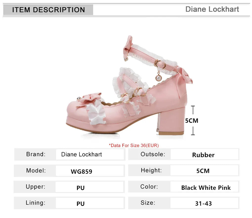 2024 Women's Cross-Strap Mary Jane High-Heel Pumps | Princess Lolita Cosplay Shoes with Ruffles & Bow Accents