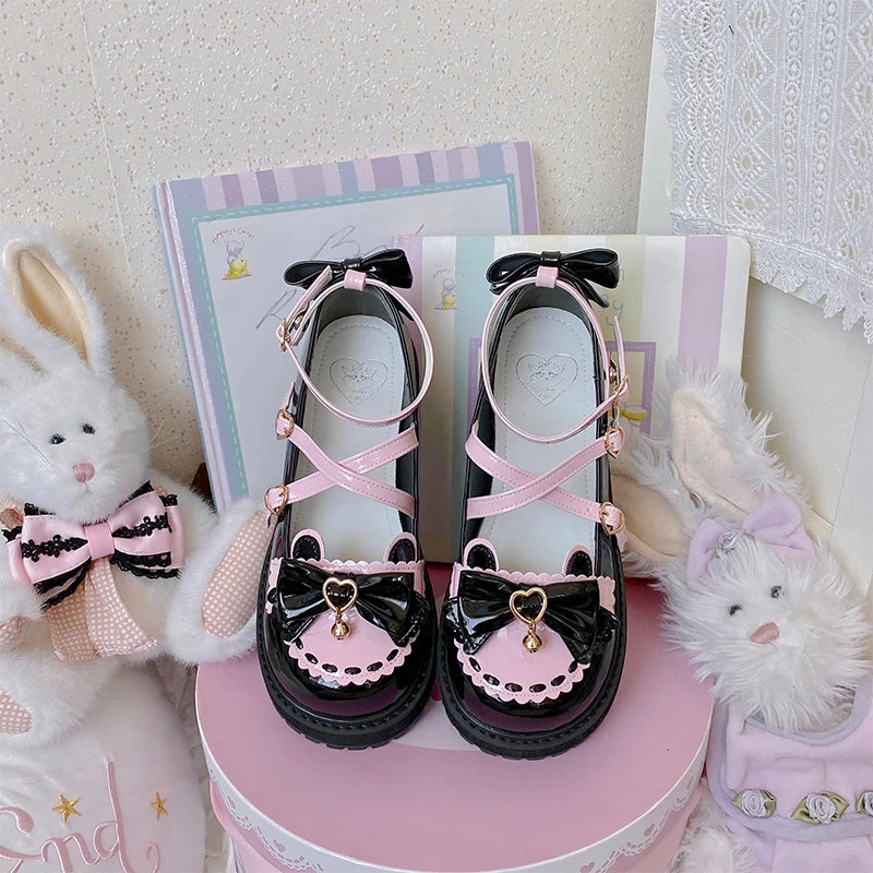Girls Sweet Lolita Platform Mary Jane Shoes | Kawaii Bowknots, Heart-Shaped Straps & Bell Accents