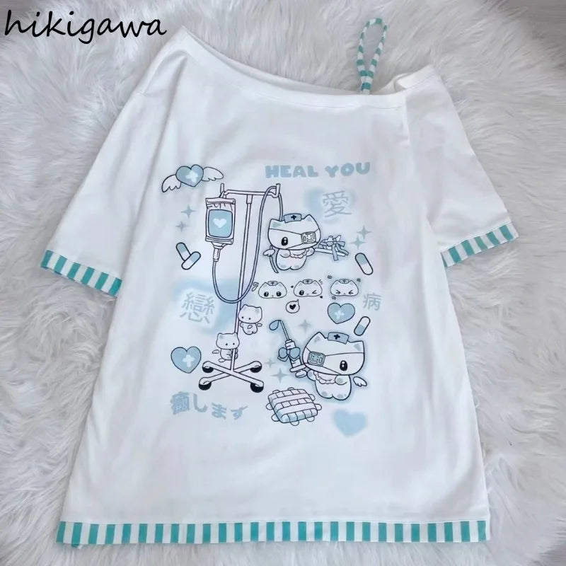 Japanese Anime Oversized T-Shirt – Women’s Summer Off-Shoulder Y2K Top | Casual 2025 Fashion Tee