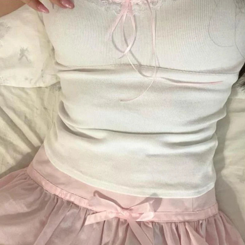 Retro Crop Tops Korean Kawaii Lace Trim Short Sleeve Tees Fairy Y2K Coquette