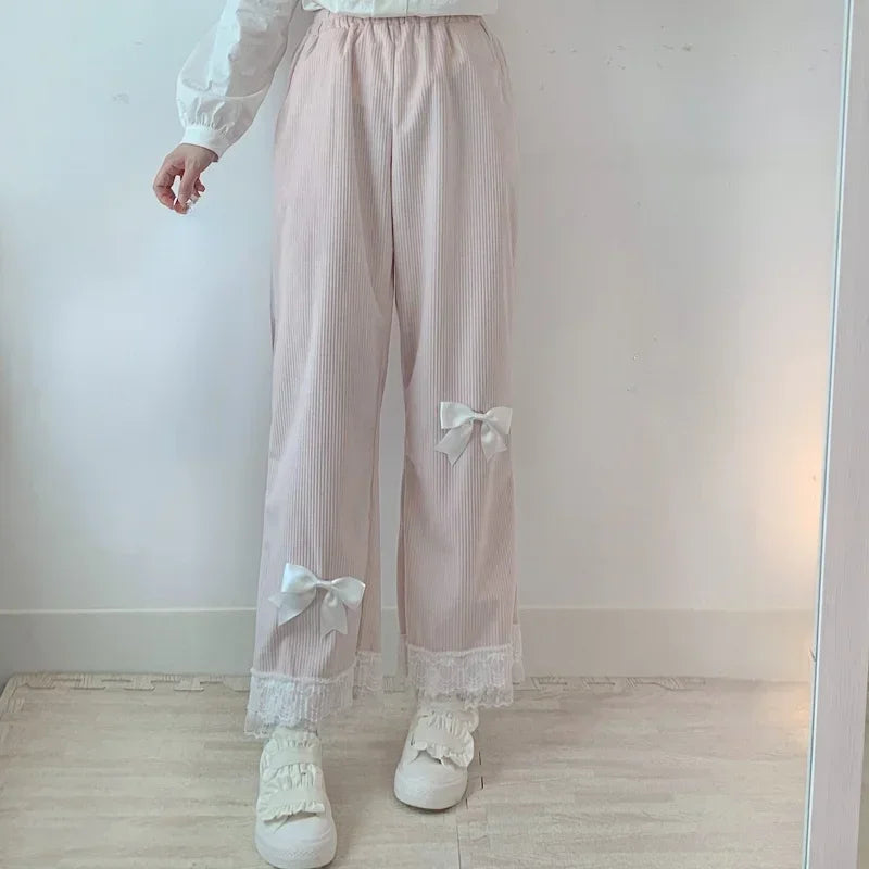 Women's Pink Japanese Sweet Lolita High-Waist Corduroy Pants | Kawaii Y2K Style with Bow & Lace Detail
