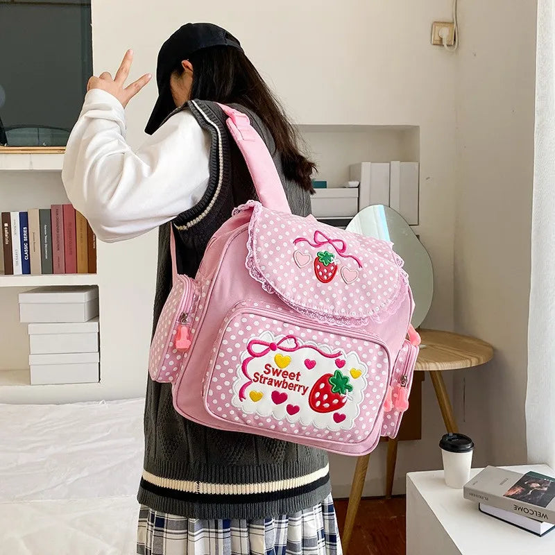 Kawaii Strawberry Embroidered Backpack | Cute Japanese Pink School Bag for Girls with Lace Details