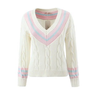 Autumn & Winter Cute Kawaii White V-Neck Stitching Sweater
