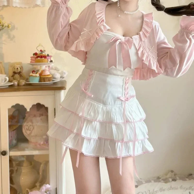 Japanese Harajuku Girls Kawaii Lace Pleated Skirts Women High Waist Bow Lace-up Fairy Y2k Aesthetic Cute Cake Mini Skirts
