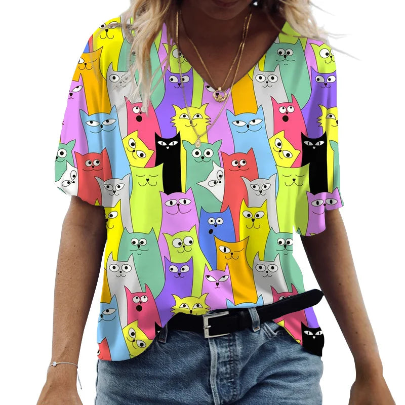 V-Neck T-shirts Cute Cats Graphics Printed Short Sleeve Tops Summer Kawaii Fashion
