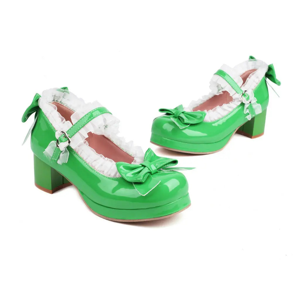 Sweet Lolita Mary Jane Heels | Women's Bow & Lace Princess Shoes with Chunky Heel (Sizes 33–48)