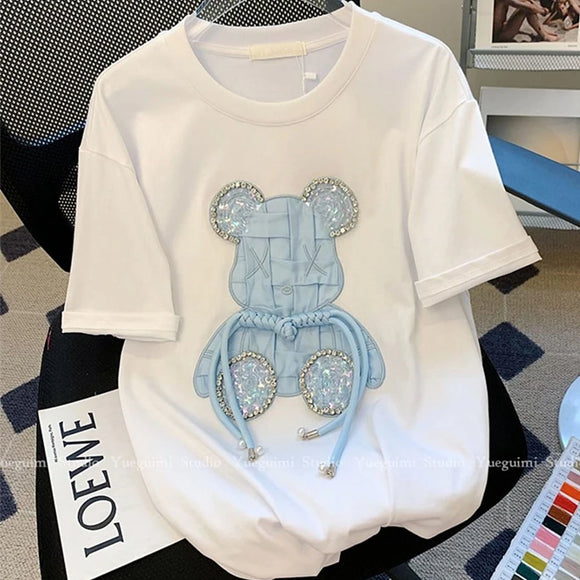 High Quality Pure Cotton Embroidery T Shirts Sky Blue Crystal Bear Cartoon