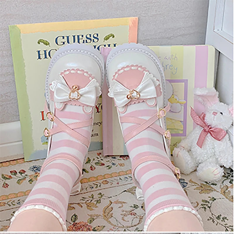 Girls Sweet Lolita Platform Mary Jane Shoes | Kawaii Bowknots, Heart-Shaped Straps & Bell Accents