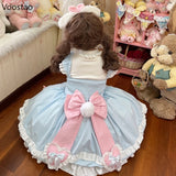 Sweet Lolita JSK Dress – Kawaii Bear Print, Bows & Ruffles | Blue & Pink Sleeveless Mini Dress