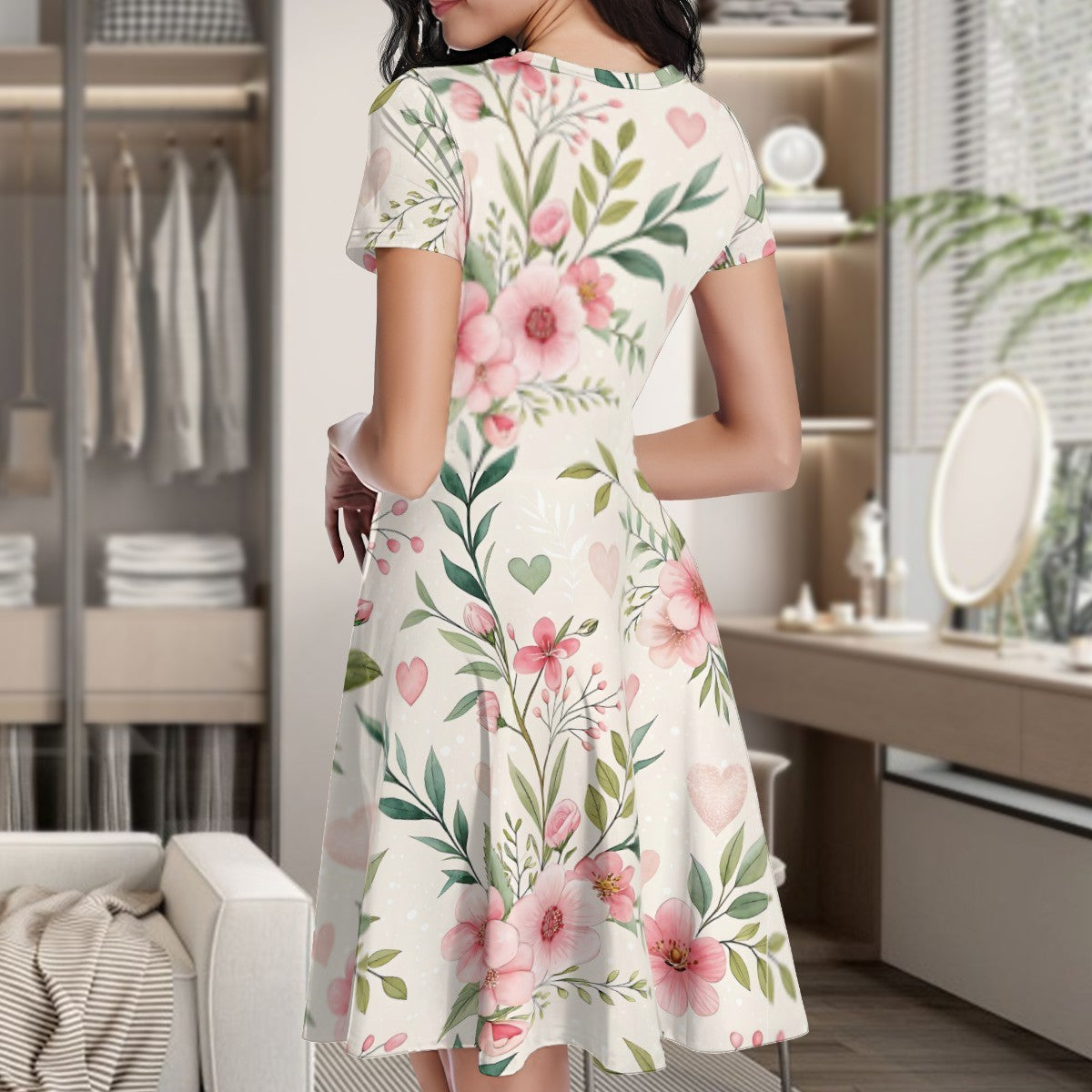 Floral A-Line Mini Dress – Pink Flower Short Sleeve Summer Dress – Kawaii Heaven