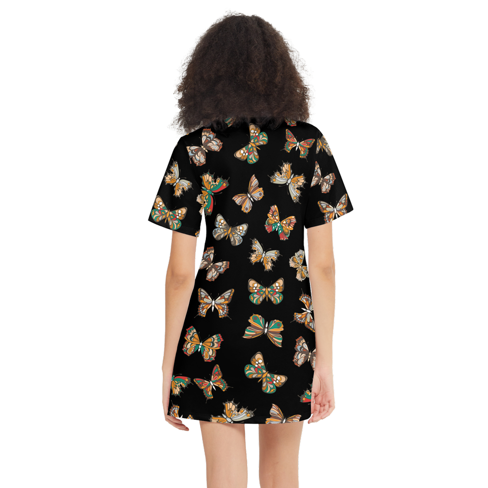 Butterflies Pattern Women's Short-Sleeve T-Shirt Dress Black, Elegant Butterfly Print Dres