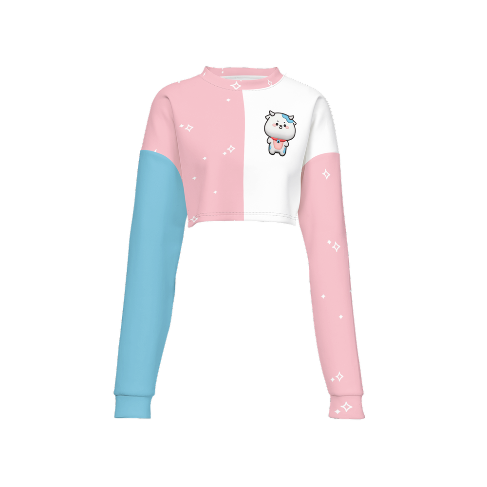 Kawaii Cow Pink and Blue Women's Cropped Crewneck Sweatshirt-Techno Scuba Knit