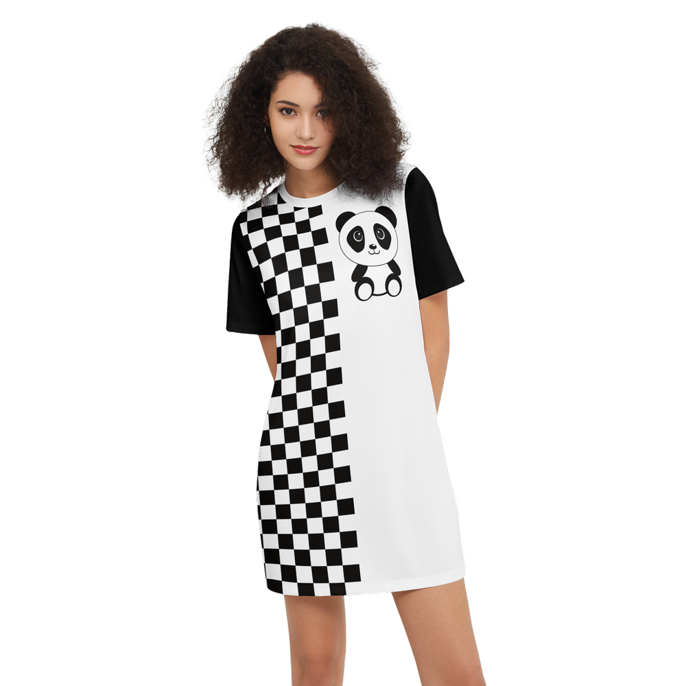 Chessboard Kawaii Panda Women's Short-Sleeve T-Shirt Dress-Heavyweight 225g