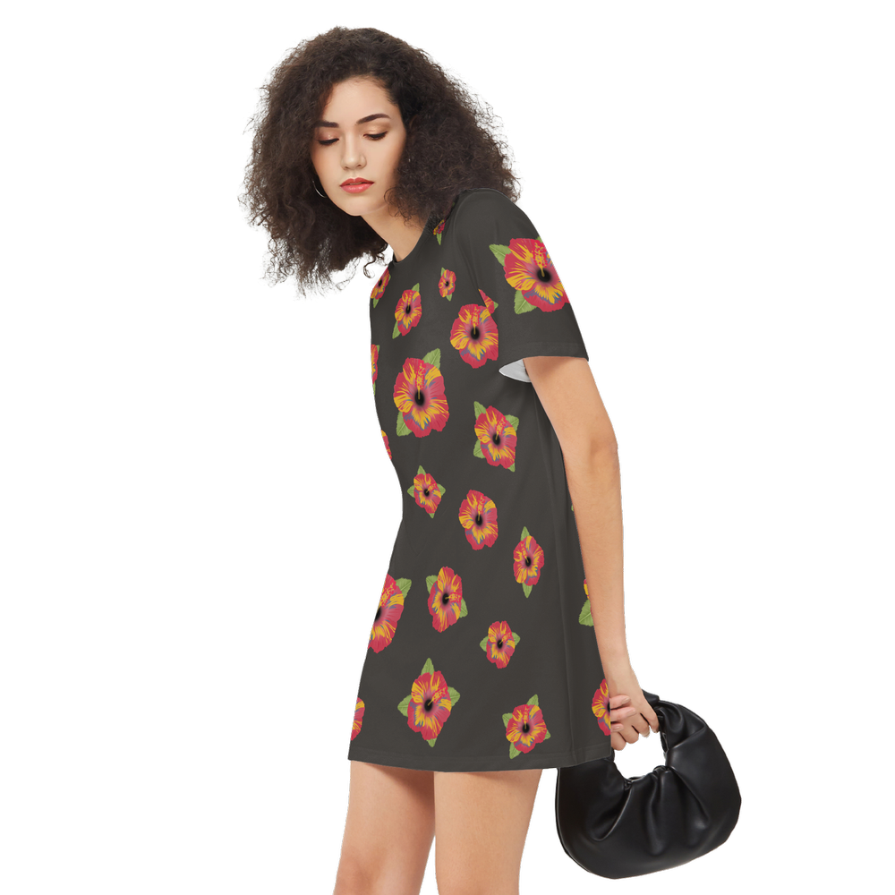 Poppy Flower Pattern Women's Short-Sleeve T-Shirt Dress-Heavyweight 225g