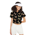 Butterflies Pattern Black Short-Sleeve Crop Polo Shirt, Elegant Butterfly Print Polo