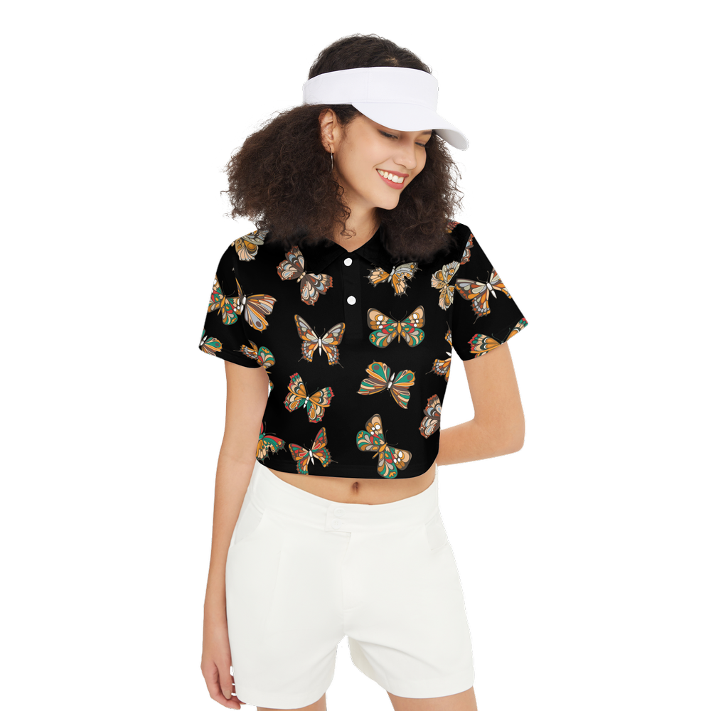 Butterflies Pattern Black Short-Sleeve Crop Polo Shirt, Elegant Butterfly Print Polo