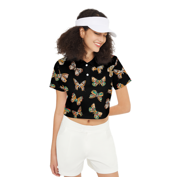 Butterflies Pattern Black Short-Sleeve Crop Polo Shirt, Elegant Butterfly Print Polo