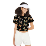 Butterflies Pattern Black Short-Sleeve Crop Polo Shirt, Elegant Butterfly Print Polo