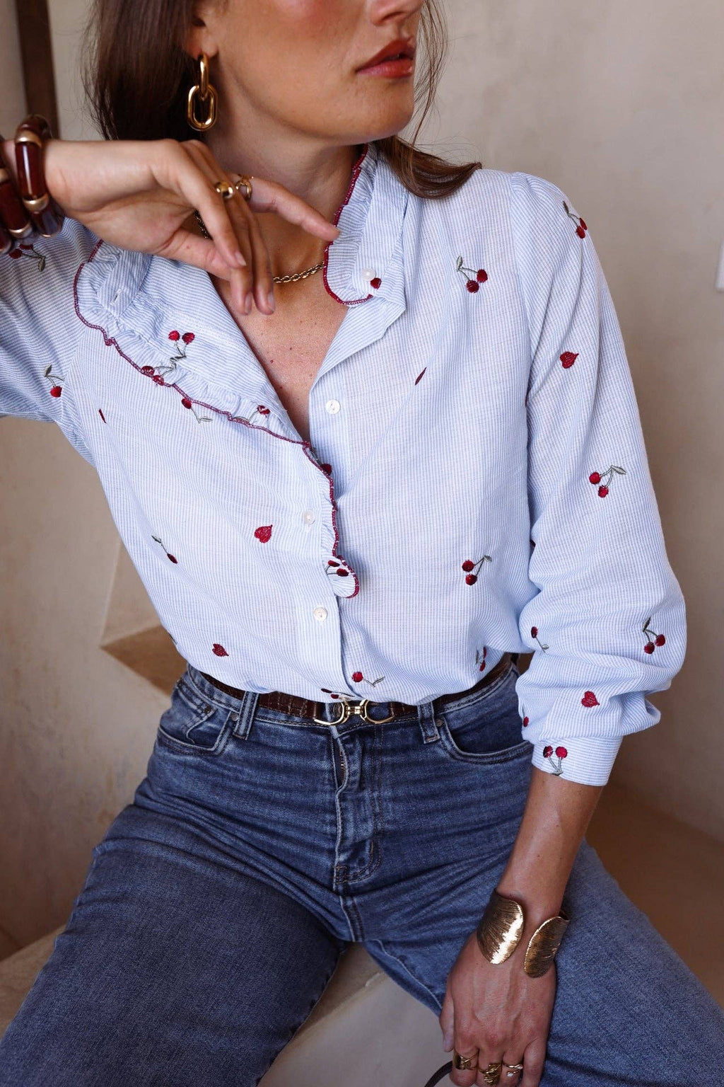 Kalyne Cherry Embroidered Blouse | Blue Striped Ruffle Shirt