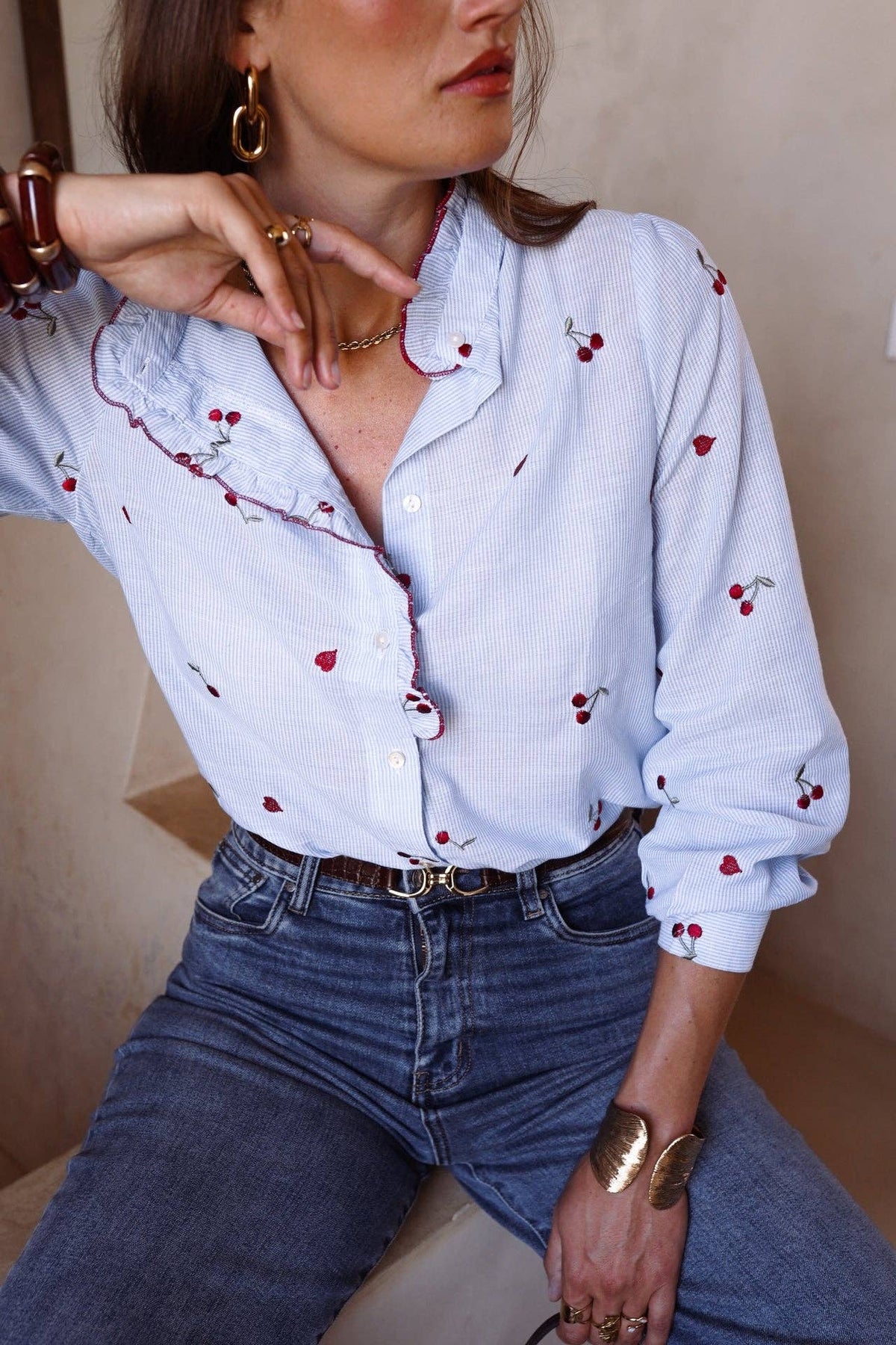 Kalyne Cherry Embroidered Blouse | Blue Striped Ruffle Shirt