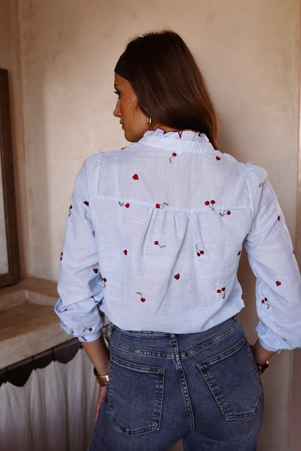 Kalyne Cherry Embroidered Blouse | Blue Striped Ruffle Shirt