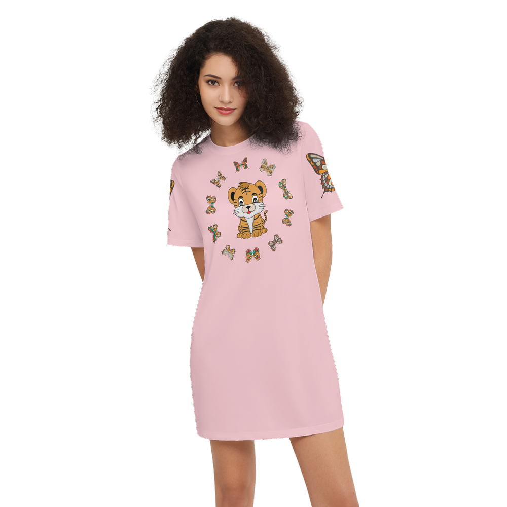 Kawaii Tiger with Butterflies Women's Short-Sleeve T-Shirt Dress-Heavyweight 225g