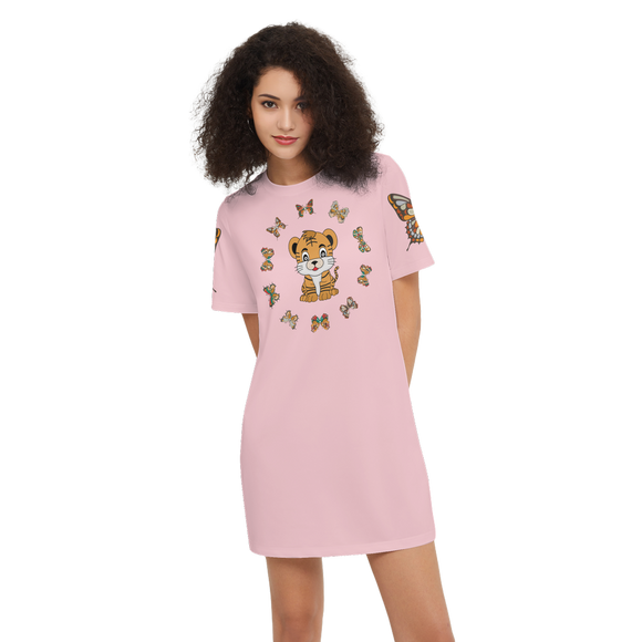 Kawaii Tiger with Butterflies Women's Short-Sleeve T-Shirt Dress-Heavyweight 225g