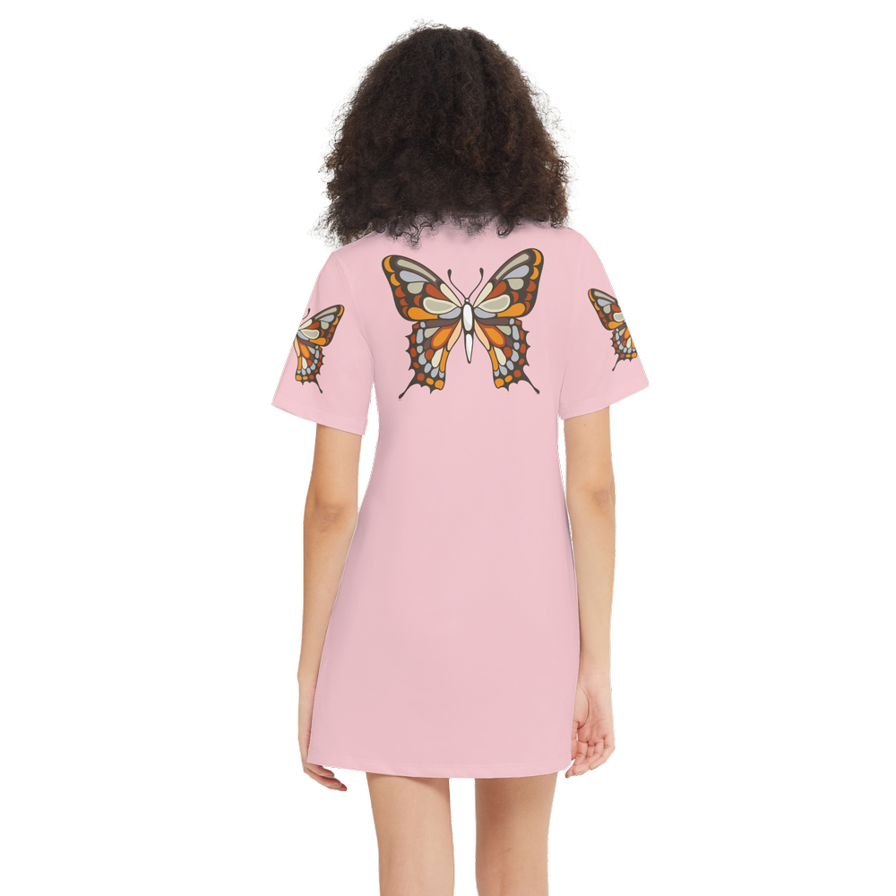 Kawaii Tiger with Butterflies Women's Short-Sleeve T-Shirt Dress-Heavyweight 225g