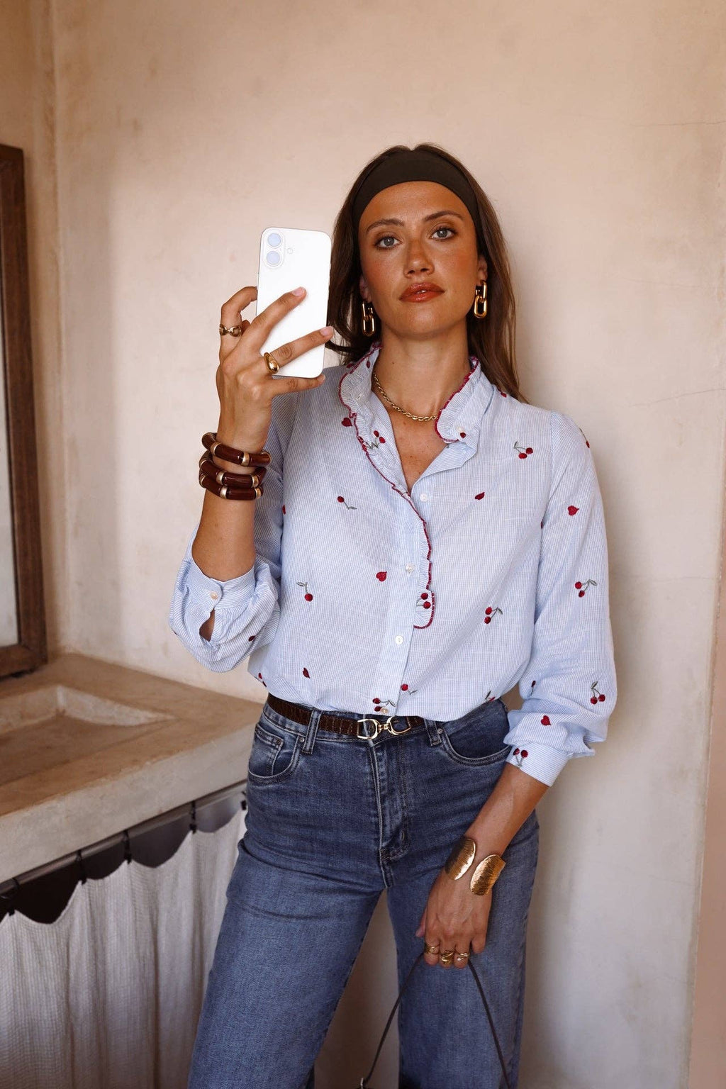 Kalyne Cherry Embroidered Blouse | Blue Striped Ruffle Shirt