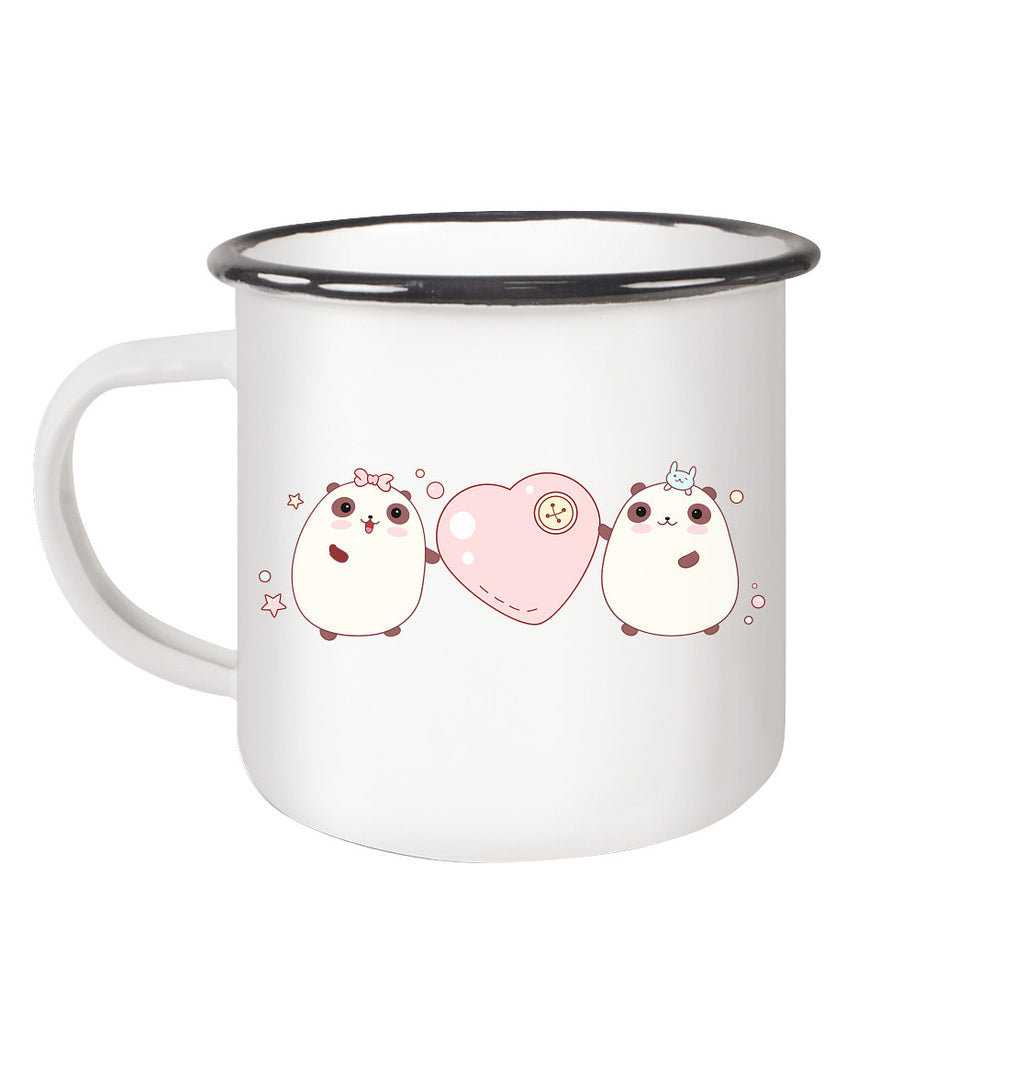 Kawaii Cute Pandas with pink heart - Enamel Mug (Black)