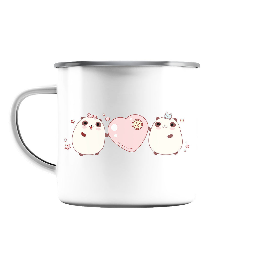 Kawaii Cute Pandas with pink heart - Enamel Mug (Silver)