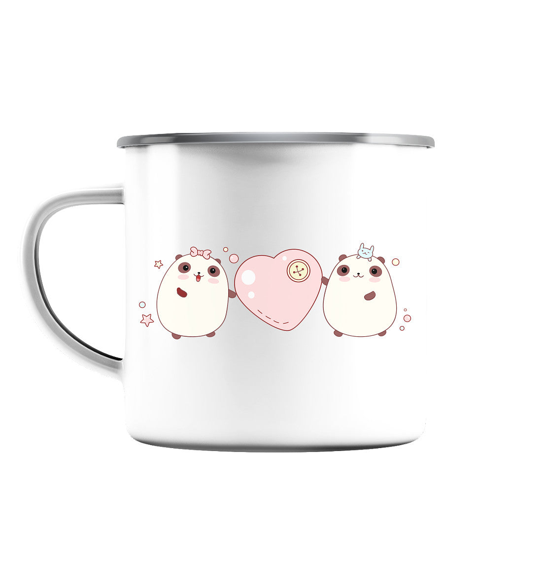 Kawaii Cute Pandas with pink heart - Enamel Mug (Silver)