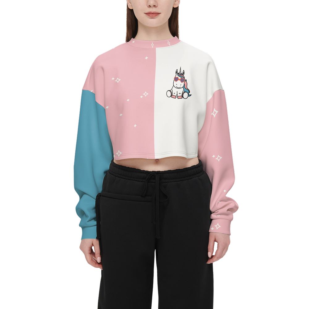 Kawaii Unicorn Pink and Purple Women's Cropped Crewneck Sweatshirt-Techno Scuba Knit