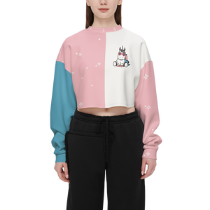 Kawaii Unicorn Pink and Purple Women's Cropped Crewneck Sweatshirt-Techno Scuba Knit