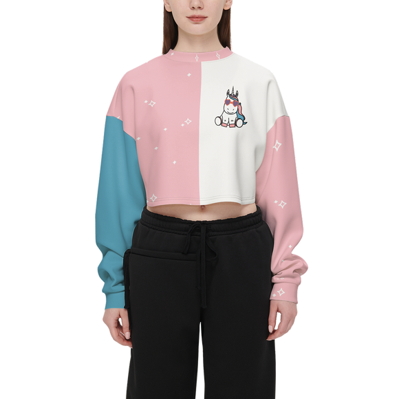 Kawaii Unicorn Pink and Purple Women's Cropped Crewneck Sweatshirt-Techno Scuba Knit