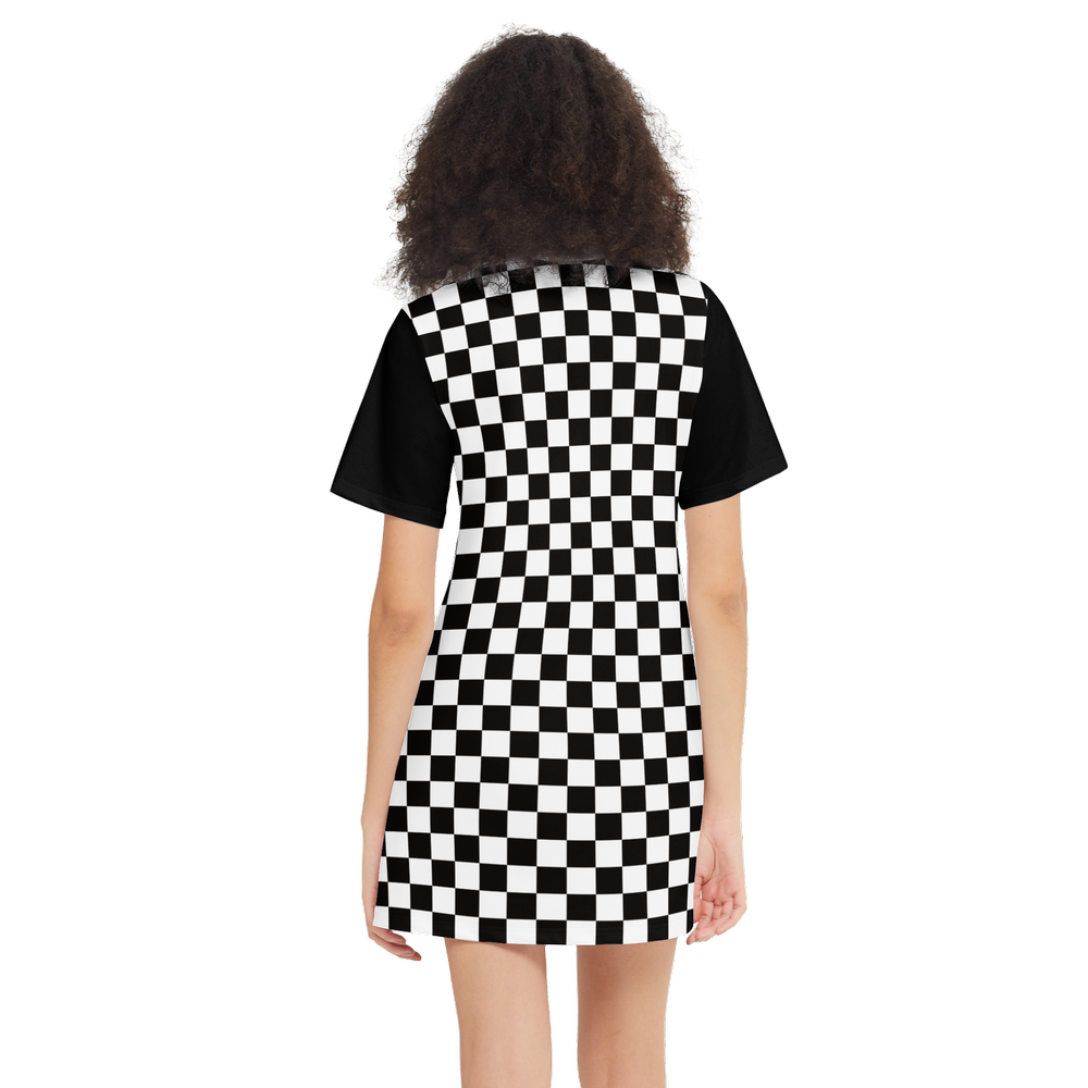 Chessboard Kawaii Panda Women's Short-Sleeve T-Shirt Dress-Heavyweight 225g