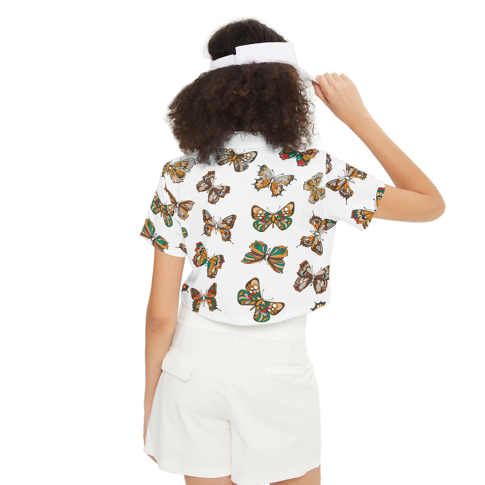 Butterflies Pattern White Short-Sleeve Crop Polo Shirt, Elegant Butterfly Print Polo
