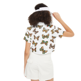 Butterflies Pattern White Short-Sleeve Crop Polo Shirt, Elegant Butterfly Print Polo