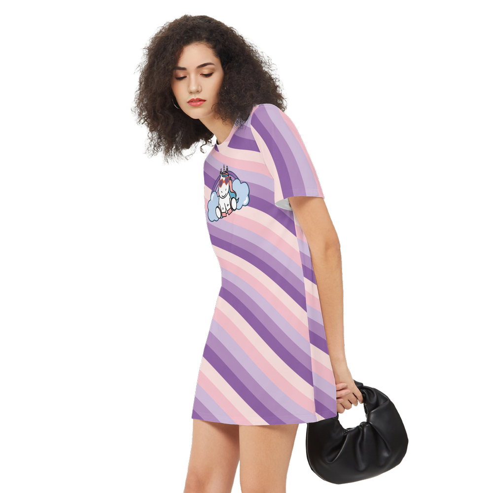 Kawaii Unicorn & Rainbow Women's Short-Sleeve T-Shirt Dress - Premium Heavyweight Fabric