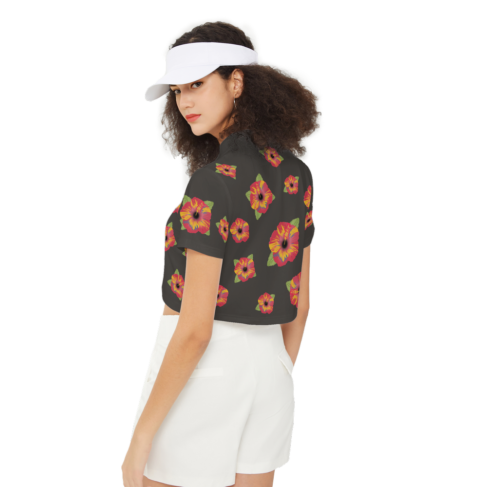 Poppy Flower Pattern Women's Short-Sleeve Crop Polo Shirt-Heavyweight 225g