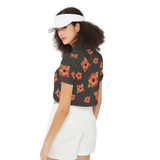 Poppy Flower Pattern Women's Short-Sleeve Crop Polo Shirt-Heavyweight 225g