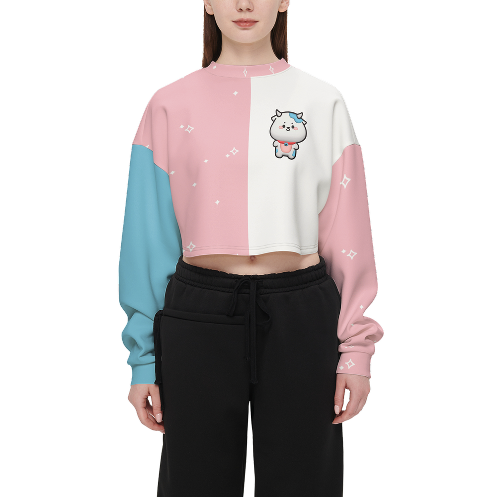 Kawaii Cow Pink and Blue Women's Cropped Crewneck Sweatshirt-Techno Scuba Knit