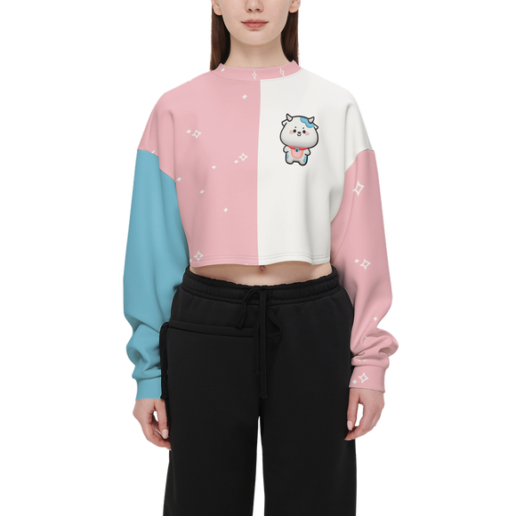 Kawaii Cow Pink and Blue Women's Cropped Crewneck Sweatshirt-Techno Scuba Knit