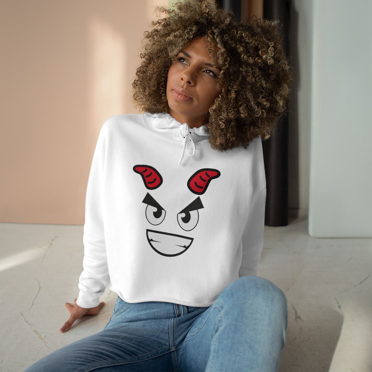 Demon Face Crop Hoodie - Gothic Devil Graphic Pullover Sweatshirt