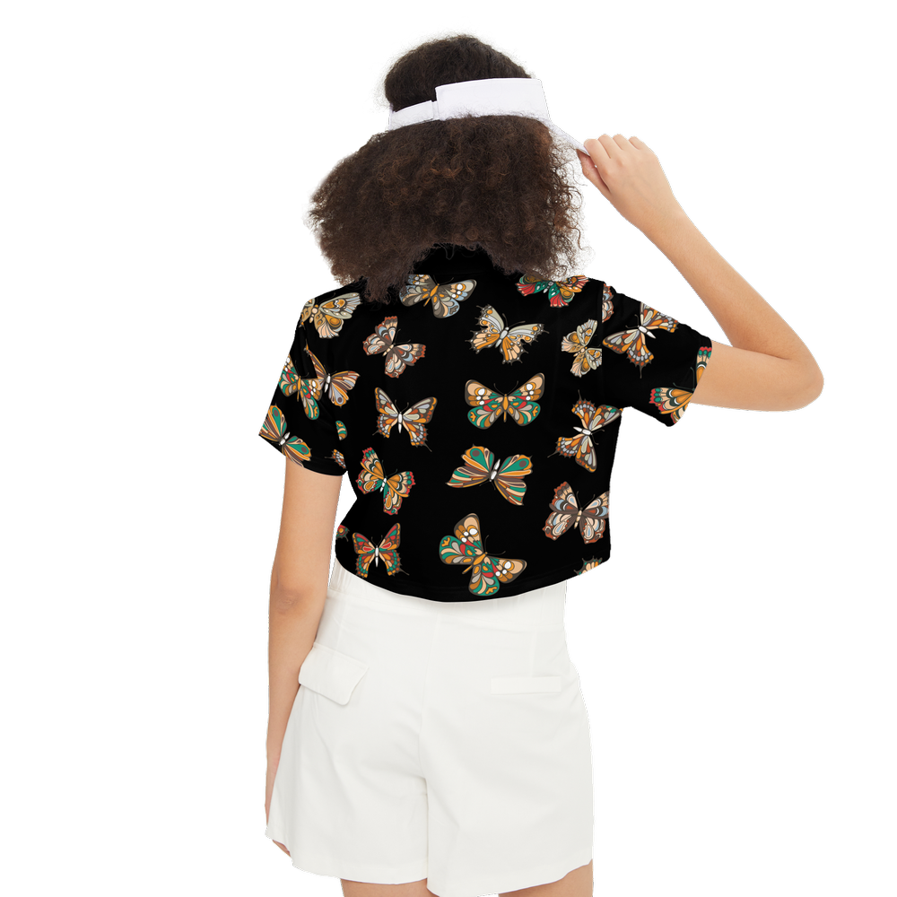 Butterflies Pattern Black Short-Sleeve Crop Polo Shirt, Elegant Butterfly Print Polo